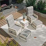 Gotland Rattan Gartenmöbel Set Lounge Möbel Outdoor, Verstellbares 2-Sitzer Terrassenmöbel Außen mit 118° Rückenlehne & Fußhocker, Hochwertige Polster & Glastisch, Wetterfest (Grau)