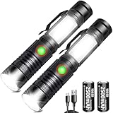 REHKITTZ LED Taschenlampe Extrem Hell 2000 Lumen, 2500 mAh Hochkapazitative USB Wiederaufladbare Multifunktions Taschenformat Taschenlampe mit Magnet und COB Arbeitsleuchte,Zoombar Handlampe(2 Stück)