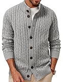 PJ PAUL JONES Strickjacke Herren mit Zopfmuster Grobstrick Warm Dicke Stehkragen Cardigan Grau L