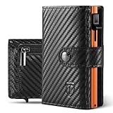 Tomylv Geldbörse Herren Slim Wallet mit RFID-Schutz Stilvoll Kohlefaserleder Portmonee Herren mit Münzfach, Tragbar Mini Kreditkartenetui Kartenetui, Banknotenfächer, Ausweisfenster - Schwarz Orange