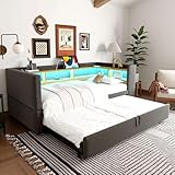 Polsterbett Ausziehbares Bett 90/180x190, Schlafsofa Bett mit LED-Beleuchtung, Ablagefächern & Ladestation,Tagesbett Funktionsbett Bettsofa Gästebett Jugendbett, Flannelette,Ohne Matratze (Dunkelgrau)