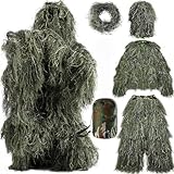 Beler Ghillie Suit, 5-teilige 3D Camouflage Anzug Jagdbekleidung, Tarnanzug für Jagd, Wald und Taktische Einsätze, Camouflage Set mit Jacke, Hose, Kopf (Waldgrün, S(Kinder, 120-145 cm))