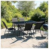 VORTIVO 7-teiliges Gartenmöbel Set | Sitzgruppe Essgruppe für 6 Personen – Tisch mit Glasplatte Stühle stapelbar – wetterfeste Essgruppe für Garten, Balkon & Terrasse – Schwarz