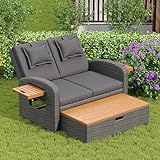 Jtyca Garten Lounge Sessel Set für 2 Personen, Terassenmöbel Außen, Rattan Gartenmöbel Set, Verstellbare Rückenlehne, mit Fußhocker Oder als Outdoor Bett Nutzbar, mit Kissen und Sitzkissen, Graue