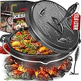 KESSER® Dutch Oven Set BBQ Feuertopf Schmortopf, Gusseisen Topf mit Deckelheber Henkel und Schlitz für Themormeter, kochkessel Grilltopf Gulaschkessel für Oudoor & Indoor